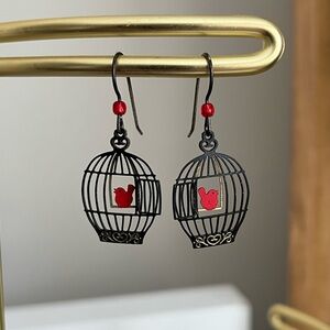 🐦 Black Birdcage Earrings with Swinging Red Bird/Cardinal.